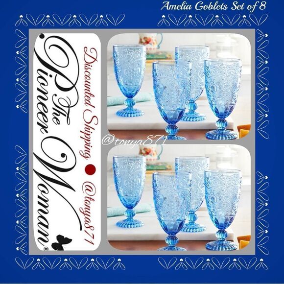 🦋 New Pioneer Woman Amelia 14.7-Ounce Footed Glass Goblets, Set of 8, Blue - Picture 3 of 11